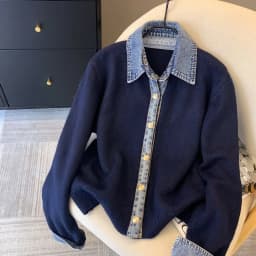 Chic Denim Collar Stitching Fake Two-piece Sweater Women's Cardigan New Single Breasted Knitted Jacket Coat Female Outwear