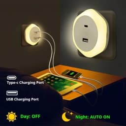 USB Plug Night Lamp EU Type-C Charger Port Auto Light Sensor Dimmable Warm White  Bedroom Hallway Stairs LED Bedside Lights