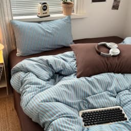 Soft Washed Cotton Bedding Set Blue Brown Stripe Duvet Cover Set With 2 Pillowcases For Daily Bedroom Decor Twin Queen No Sheet