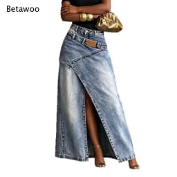 Ladies Vintage Washed Denim Long Skirt Irregular Overlap Design High Split Maxi Skirt High Waist Fashion Casual