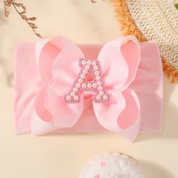 26 Letters Pink Big Bows Pearl Headbands for Baby Girls 5.98'' Wide Nylon Knotted Soft Elastic Hair Bands Wraps Headwear 1PCS