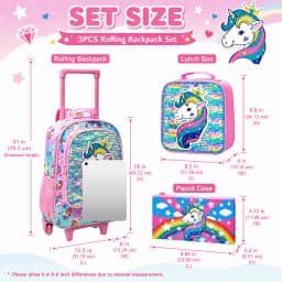 3PCS Rolling Backpack for Girls Kids Roller Wheels Bookbag with Lunch Bag Pink Unicorn Glow-in-the-dark Function