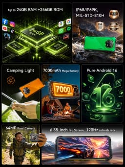 Rugged Smartphone Android 16 Cubot KingKong ES 5, Up to 24GB RAM(12+12GB), 256GB ROM, 6.88" 120Hz Screen, 7000mAh Mega Battery