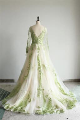 Customized Light Green Leaf Embroidery Wedding Dress V Neck Long Sleeves vestidos de novia A-line Backless Court Train Formal