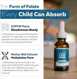 Kids L-Methylfolate 5-MTHF Liquid Drops with Methyl B12 Active Folate Support 1 Fl Oz USDA Organic Vegan Non-GMO