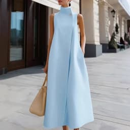 Simple Fashion Single Button High Neck Maxi Dress Women Spring Solid Pocket A-Line Long Dress Summer Sleeveless Bohemian Dresses