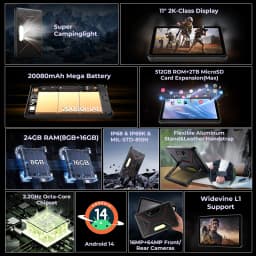 HOTWAV R9 Plus Rugged Tablet 11'' 2K Display 20080mAh Pad 8GB 512GB 64MP Android 14 Tablet PC with Super Camping Light