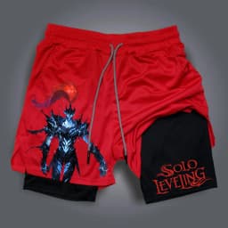 Solo Leveling 2026 New Hot Anime Red Cotton Shorts Men Women Orange Character Blue Glow Scouting Legion Text Black Lining 2025