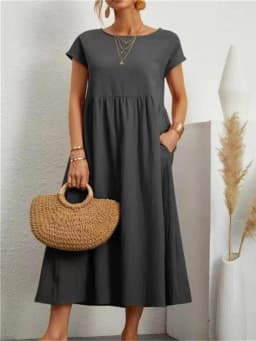 Vintage Solid Midi Dress Casual Short Sleeve Cotton and Linen Harajuku Oversized Long Dress Women Summer Y2K Maxi Sundress 2023