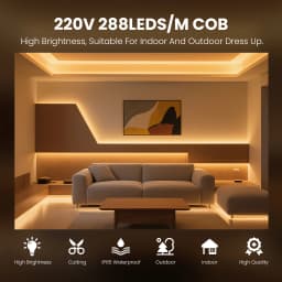 220V COB LED Strip Light With Switch/Dimmer Plug Super Bright 288LEDs/M IP65 3000K 4000K 6000K High Quality Indoor Outdoor Decor