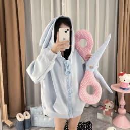 Women Kawaii Cute Bunny Ear Hooded Sweatshirt Oversized Big Zip Up Long Sleeve Sweet Y2K Streetwear Loose Casual Daily Outerwear