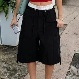 Women’s Summer y2k Vintage Denim Cargo Shorts Drawstring Harajuku Loose Knee Length Jean Baggy Shorts with Pocket Streetwear