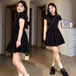 Petite Black Dress High-End Knit Spring Summer Cinched Waist A-Line Slimming O-Neck Short Sleeve Mini Stylish for Junior Ladies