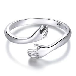 BAMOER 925 Sterling Silver Hug Open Ring Warm Love Hand Adjustable Glossy Ring for Women, His Big Loving Family Party Gift