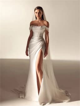 Customized Off Shoulder Boat Neckline Trumpet Wedding Dress Lace-up Back Floor Length High Slit Sweep Train Gown For Bride 2026