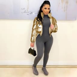 ANJAMANOR Silver Glossy Puffer Jacket Zip Up Shiny Bubble Coat Streetwear Women Clothing Winter Baddie Clothes D48-FH59