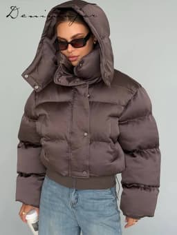  Fashion Solid Cropped Padded Coats Women Detachable Hood Zip Drawstring Hem Warm Jacket 2026 Winter New Lady Casual Outerwear