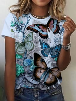 2026 New Summer Women's Round Neck 3D Printed T-Shirt Butterfly Graphics Fashion Short Sleeve Top Streetwear Tees Women Clothing