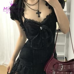 Mikumn Gothic Lolita Black Lace 3 Piece Set Women Puff Sleeve Cardigan+Bow Cami Top+Cake Mini Skirt Y2K Aesthetic Kawaii Outfit