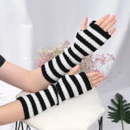 1Pair Knit Fingerless Gloves Women Soft Black White Stripes Warm Knitted Arm Warmers Winter Hand Accessories Stylish Elastic