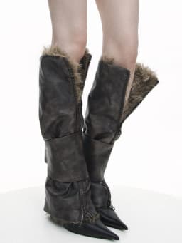 [EAM] Brown Faux Fur Pu Leather Leg Warmers Knee Sleeve Personality Women New Fashion Tide All-match Autumn Winter 2026 1DK0295