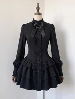 Gothic Style Dress Dark Striped Peter Pan Collar Lace Bow Puff Sleeve Harajuku Japanese Subculture Dark Party Outfit 2026 New