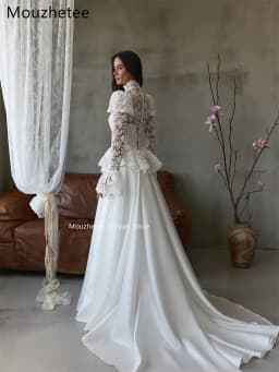 Mouzhetee A-Line Elegant O-Neck Lace Pleat Wedding Dresses Simple Long Sleeve Brides Gown Custom Made 2026