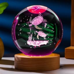 3D Sea Turtle Crystal Ball Night Light 6cm Crystal Glass Sphere with LED Wooden Base Home Decor Gift for Women Friends Girls