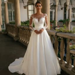 A-Line a Long Sleeve Satin Wedding Dresses Elegant Women's Round Neck Lace Applique vestidos de novia Princess Bridal Dress