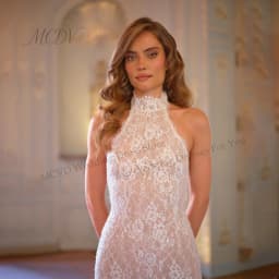 Applique Lace Halter Neck Wedding Dresses Backless Straight Sleeveless Vintage vestidos de noche Floor Length Customized
