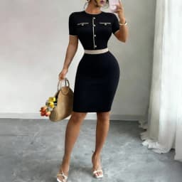 Women's Beige Short Sleeve O Neck Stretchy Knit Mini Dress Contrast Trim Button Detail Bodycon Sundress Summer Office Dress