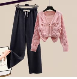 Two Piece Set For Women New In Sweater Matching Sets Korean Sweet Bow Outfit Long Sleeve Cardigan Knitwear Wide Leg Pants Set