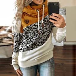 Customizable 2024 New UZZDSS Women Patchwork Hooded Sweatshirt Leopard Print Drawstring Hoodie Casual Long Sleeve Pullover Tops