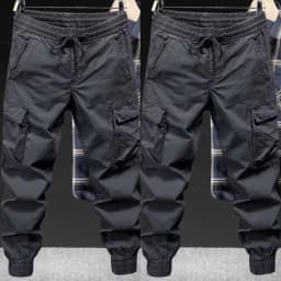 Male Drawstring Elastic Waist Cargo Jogger Pants Loose Multi‑Pocket Solid Color Trousers Outdoor Casual Long Pants Spring Autumn