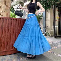 Boho Summer Cotton-Linen Midi Skirt: Flowy A-Line Pleated Long Skirt with Slimming Fit & Hip-Hiding Design for Resort Vacations
