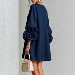 Vintage Solid Dress Ladies Puff Sleeve 3D Floral Decoration Buttons Decor Loose Straight Dress Holiday Party Daily Short Dresses