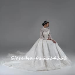 O-Neck Pearls Back Long Sleeve Beaded Appliques Shiny Sequins Lace Princess Ball Gown Wedding Dress Vestido De Novia