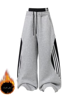 Retro American Fleece Lined Thickened Knife Wide Leg Pants Women's Winter Double Waist Dance Trousers Casual Striped Pants