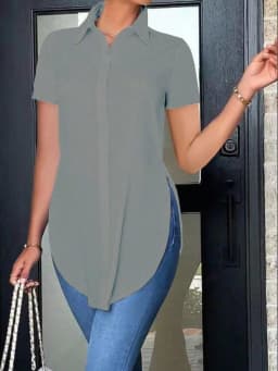 Women's Short Sleeve Button Down Shirt with Lapel Collar and Side Split Hem Casual Office Blouse