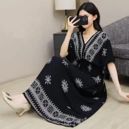 n Long Print Dr V-Ne Slimming Cotton Silk Beachwear Casual High Waist Summer Women's Loose Fit Overhead Dr
