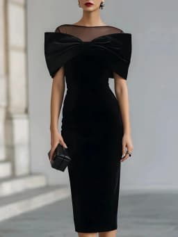 Sexy Split Solid Velvet Dresses Fashion Temperament Off Shoulder Gowns Women Elegant Mesh Splicing Cape Sleeve Slim Party Dress