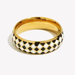 E.B.belle Stainless Steel Fine Polished Small Black White Enamel Checker Ring Tarnish Free Woman New Y2K Jewelry Black Ring