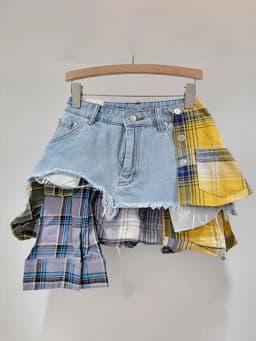 DEAT Women's Denim Skirt Colored Plaid Patchwork Irregular Deconstructed A-line High Waist Mini Skirt 2026 Spring New Fashion