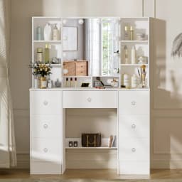 Teousev 7 Drawers Vanity Dressing Table with 10 Dimmable LED Lights, Large HD Mirror Modern Makeup Desk with Ample Storage