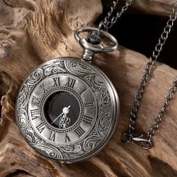 Large classical black dual display Roman retro watch with black face, Roman letters, white needles, nostalgic pocket watch