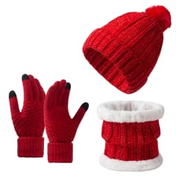 3Pcs Winter Knitted Beanie Hat Scarf Gloves Set Fleece Lined Pom Pom Hat Touchscreen Gloves Neck Warmer for Women Men Outdoor