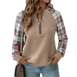 Plaid Patchwork Sweatshirt Loose Fit Literary Retro with Regular Length Autumn Striped Standard Thickness Crew Neck Women Hoodie