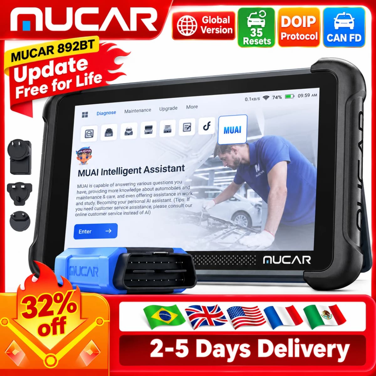 MUCAR 892BT OBD2 Diagnostic Tool AI CAN FD/DOIP All System Diagnosis 35 Resets Bi-directional ECU Coding Lifetime Free Update