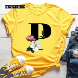 Large Size Yellow T-shirt for Men And Women with Black Fashion Trend Print of Flowers 26 English Letters Casual Short Sleeve Top