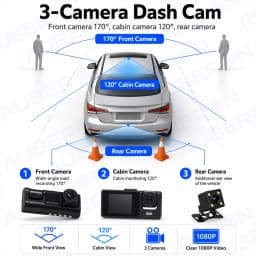 3 Channel Dash Cam 1080P Front Rear Inside Camera 170 Degree Wide Angle Night Vision Loop Recording G-Sensor Rear Camera Car DVR